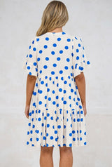 Abilia Mini Dress - Mandarin Collar Smock Dress in Connie Print Cream/Blue