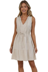 Angie Mini Dress - Sleeveless Frill Collar Dress with Drawstring Waist in Beige