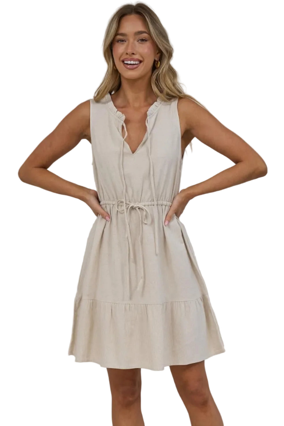 Angie Mini Dress - Sleeveless Frill Collar Dress with Drawstring Waist in Beige