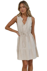 Angie Mini Dress - Sleeveless Frill Collar Dress with Drawstring Waist in Beige