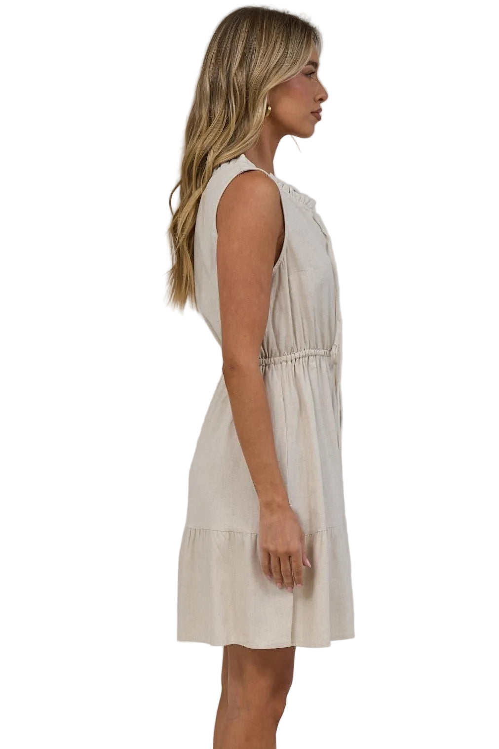Angie Mini Dress - Sleeveless Frill Collar Dress with Drawstring Waist in Beige
