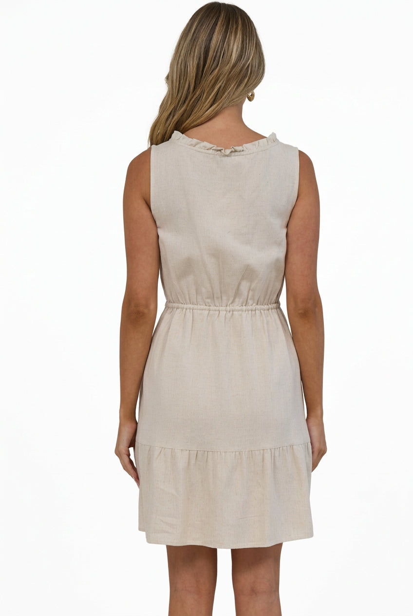 Angie Mini Dress - Sleeveless Frill Collar Dress with Drawstring Waist in Beige