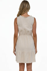 Angie Mini Dress - Sleeveless Frill Collar Dress with Drawstring Waist in Beige