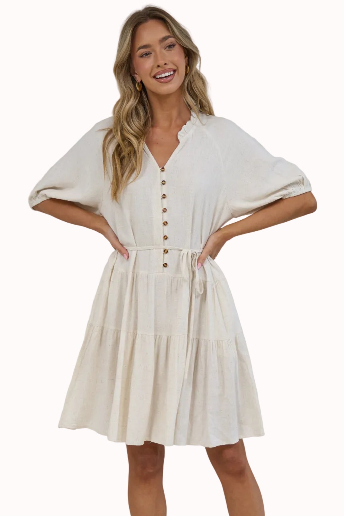 Romie Mini Dress -  Frill Collar V Neck Dress with Matching Waist Tie in Beige