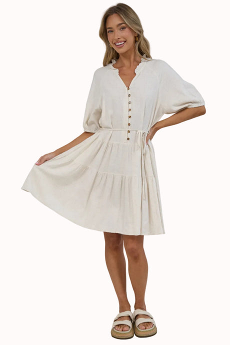 Romie Mini Dress -  Frill Collar V Neck Dress with Matching Waist Tie in Beige