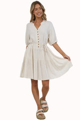 Romie Mini Dress -  Frill Collar V Neck Dress with Matching Waist Tie in Beige