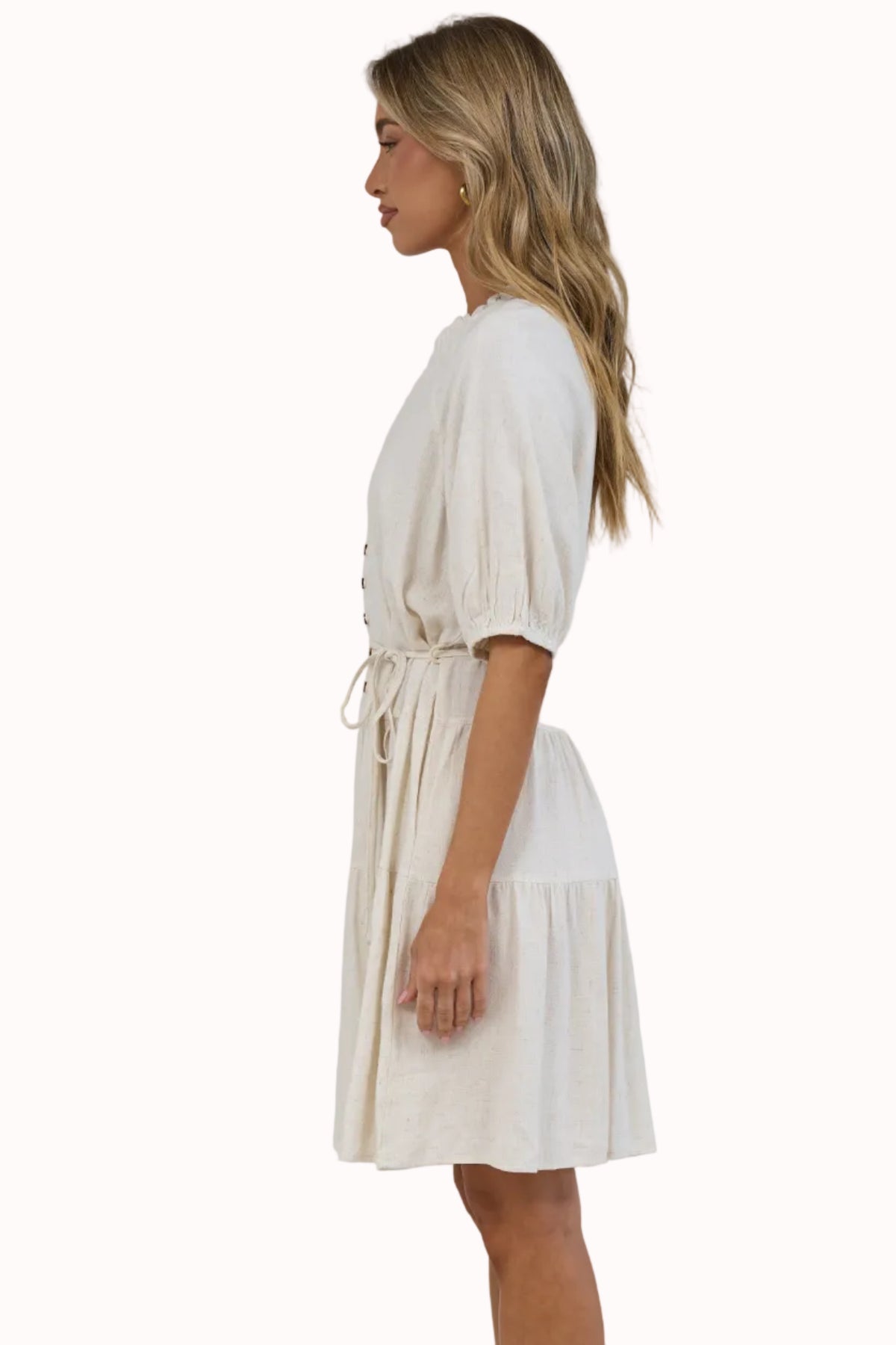 Romie Mini Dress -  Frill Collar V Neck Dress with Matching Waist Tie in Beige