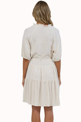 Romie Mini Dress -  Frill Collar V Neck Dress with Matching Waist Tie in Beige