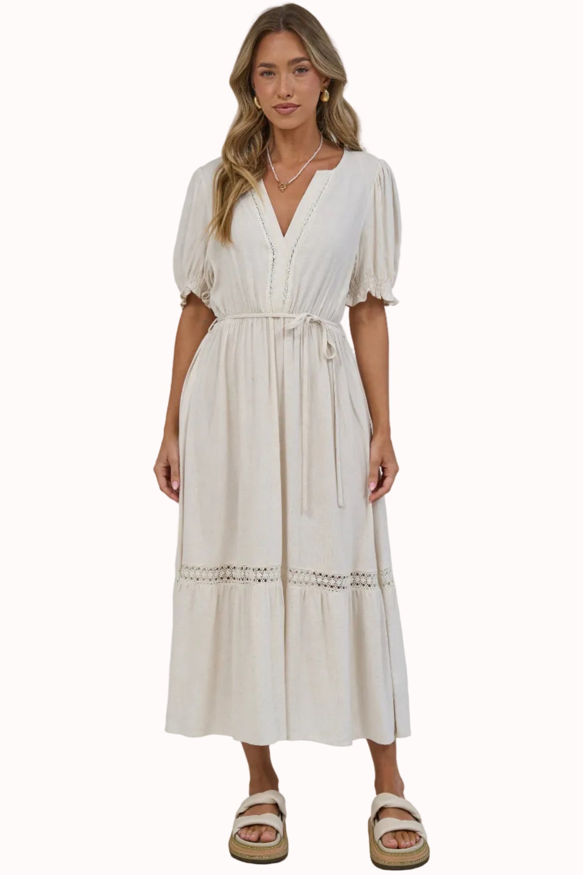 Tilly Midi Dress - Split Collar A Line Dress with Lace Inserts and Short Balloon Sleeves in Beige