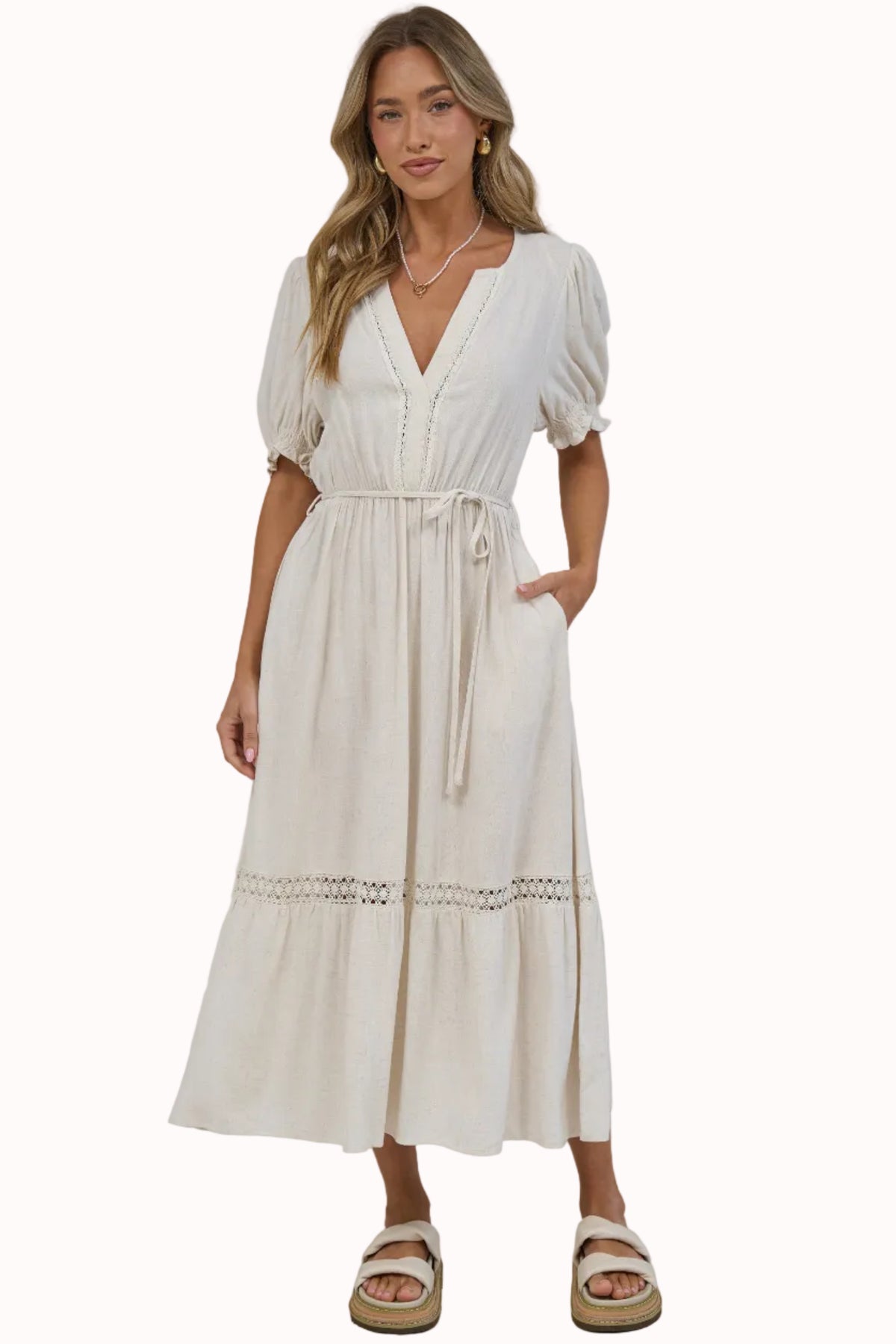 Tilly Midi Dress - Split Collar A Line Dress with Lace Inserts and Short Balloon Sleeves in Beige