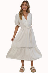 Tilly Midi Dress - Split Collar A Line Dress with Lace Inserts and Short Balloon Sleeves in Beige