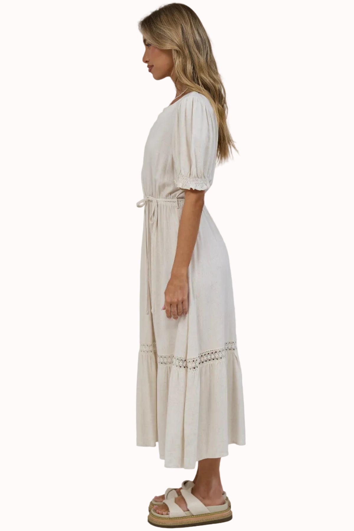 Tilly Midi Dress - Split Collar A Line Dress with Lace Inserts and Short Balloon Sleeves in Beige