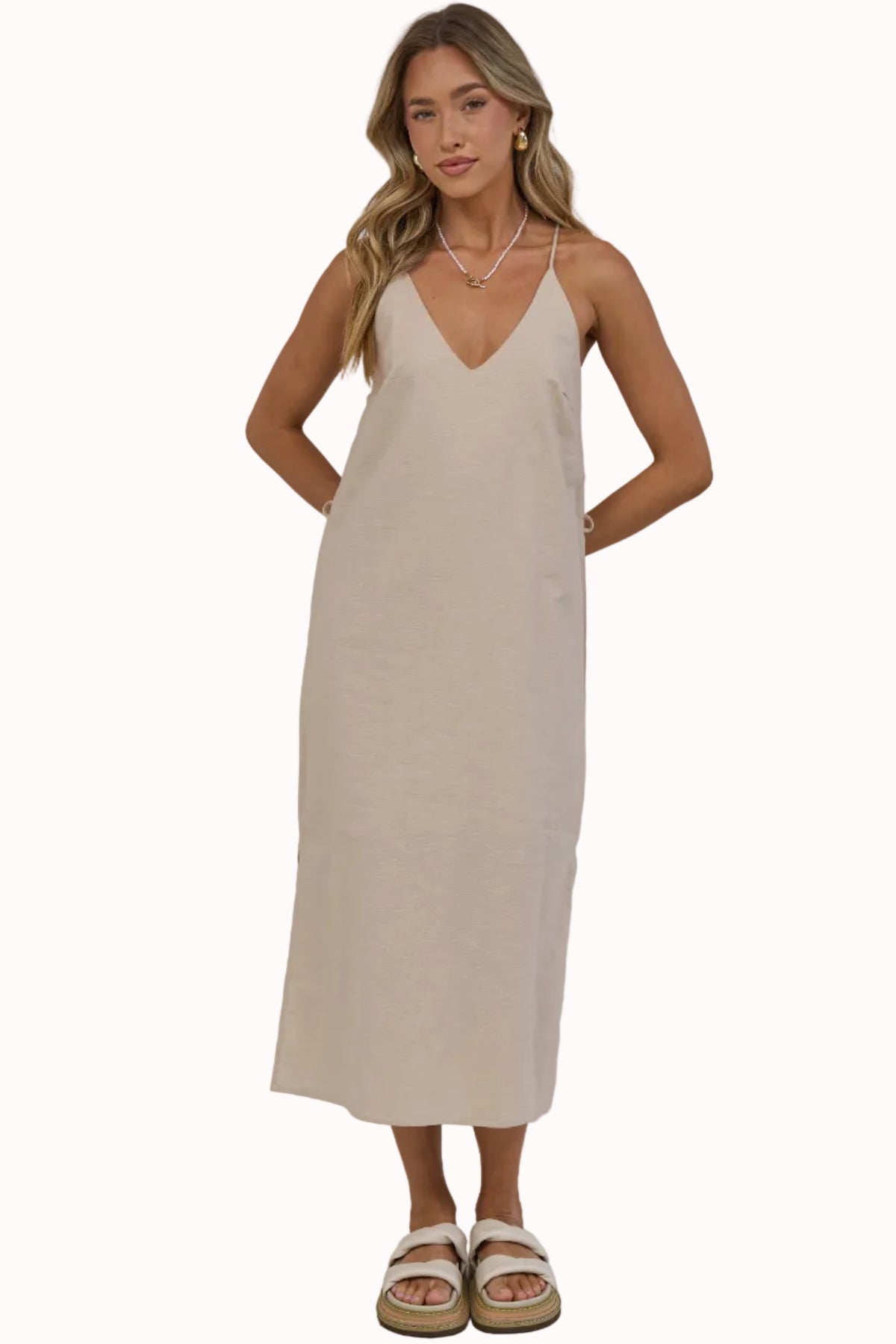 Lotty Midi Dress - V Neck Razor Back Linen Dress with Waist Tie in Beige