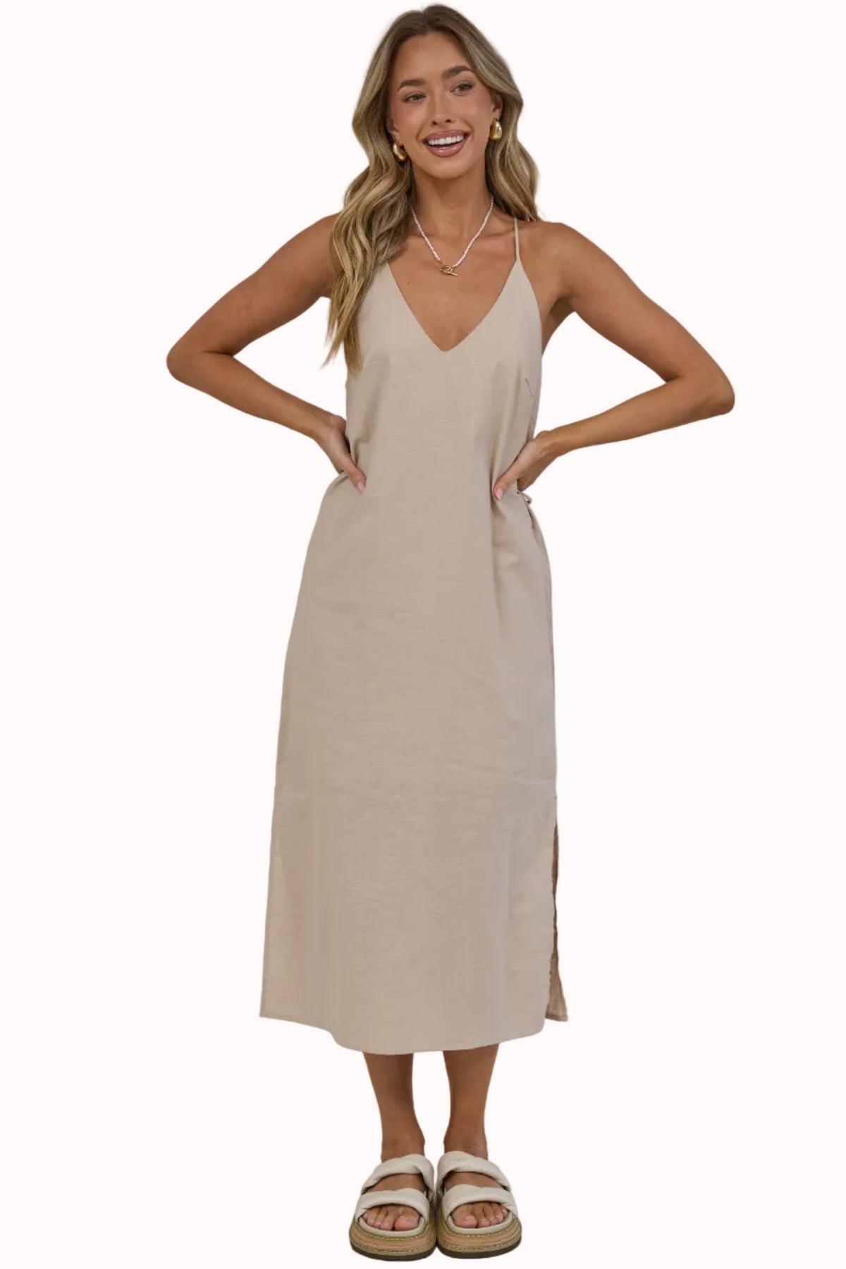 Lotty Midi Dress - V Neck Razor Back Linen Dress with Waist Tie in Beige
