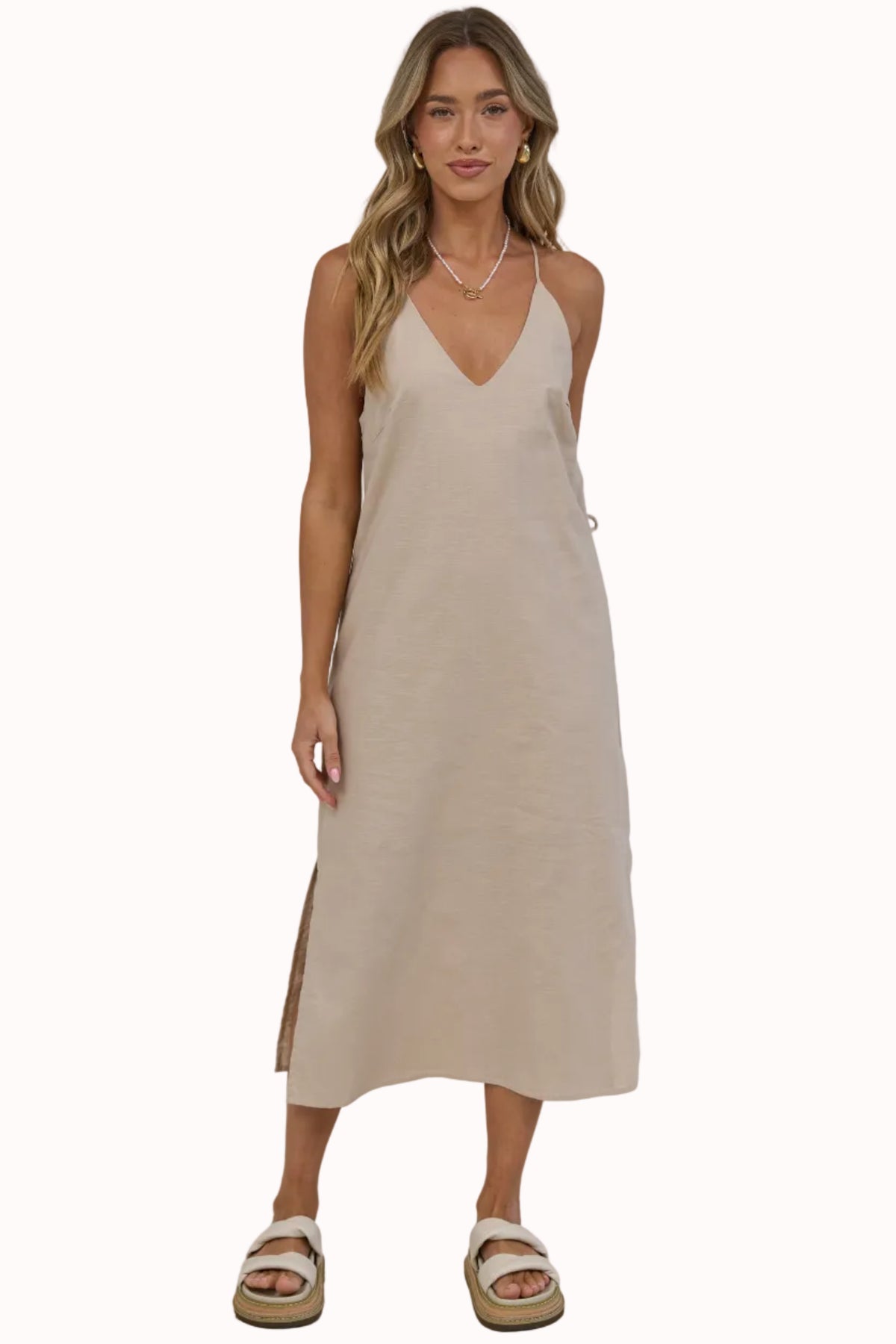Lotty Midi Dress - V Neck Razor Back Linen Dress with Waist Tie in Beige