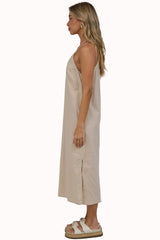 Lotty Midi Dress - V Neck Razor Back Linen Dress with Waist Tie in Beige