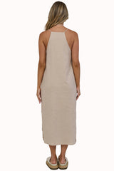 Lotty Midi Dress - V Neck Razor Back Linen Dress with Waist Tie in Beige
