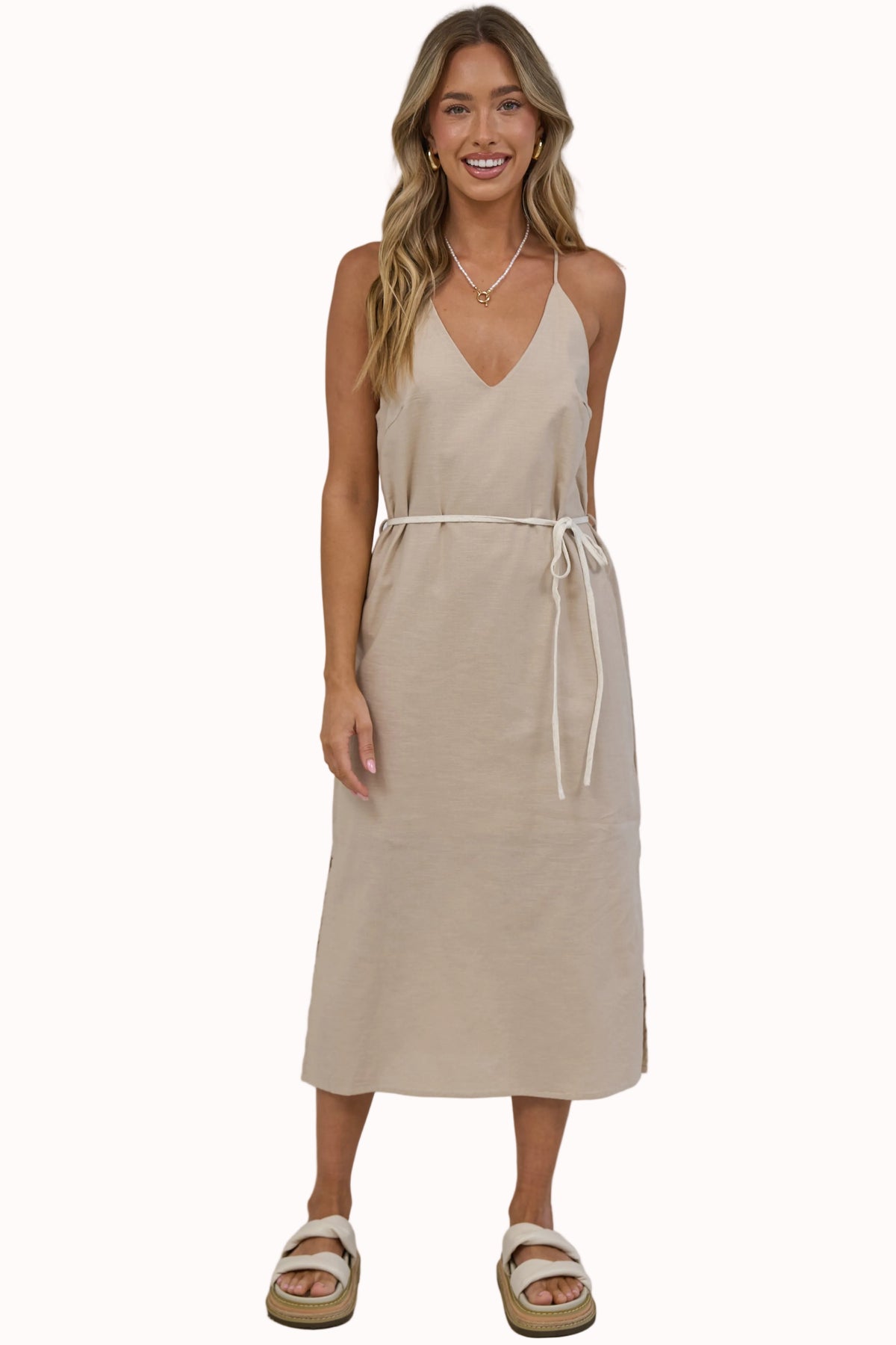 Lotty Midi Dress - V Neck Razor Back Linen Dress with Waist Tie in Beige