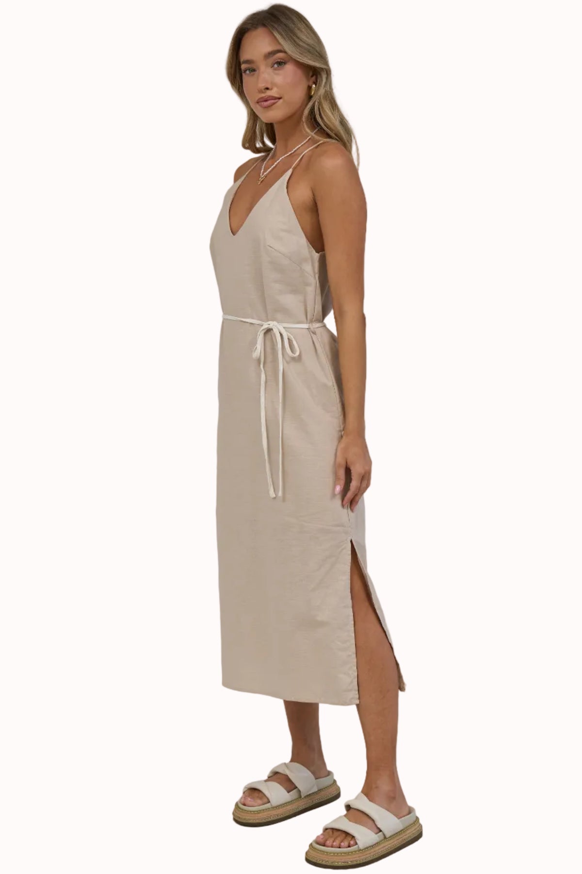 Lotty Midi Dress - V Neck Razor Back Linen Dress with Waist Tie in Beige