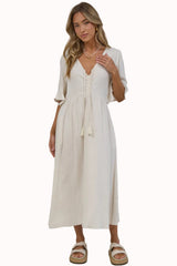 Victoria Midi Dress - V Neck Flutter Sleeve A Line Dress with Pockets in Beige
