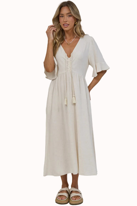 Victoria Midi Dress - V Neck Flutter Sleeve A Line Dress with Pockets in Beige