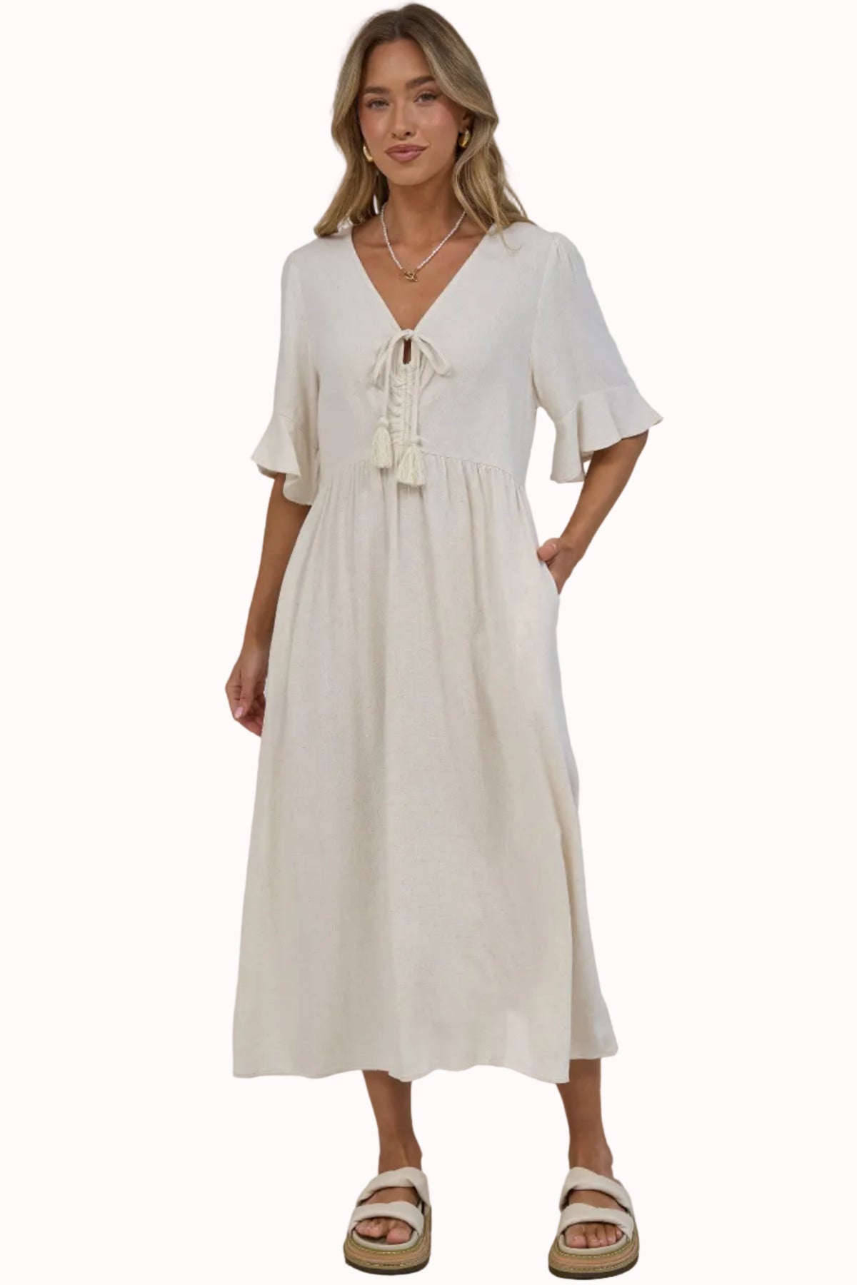 Victoria Midi Dress - V Neck Flutter Sleeve A Line Dress with Pockets in Beige
