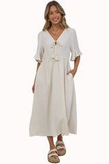 Victoria Midi Dress - V Neck Flutter Sleeve A Line Dress with Pockets in Beige