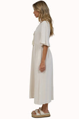 Victoria Midi Dress - V Neck Flutter Sleeve A Line Dress with Pockets in Beige
