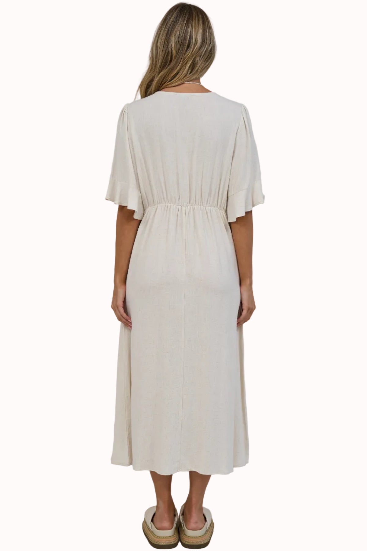 Victoria Midi Dress - V Neck Flutter Sleeve A Line Dress with Pockets in Beige
