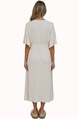 Victoria Midi Dress - V Neck Flutter Sleeve A Line Dress with Pockets in Beige