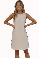 Bonny Mini Dress - Sleeveless Shift Dress with Large Button Detailed Side Seams in Beige