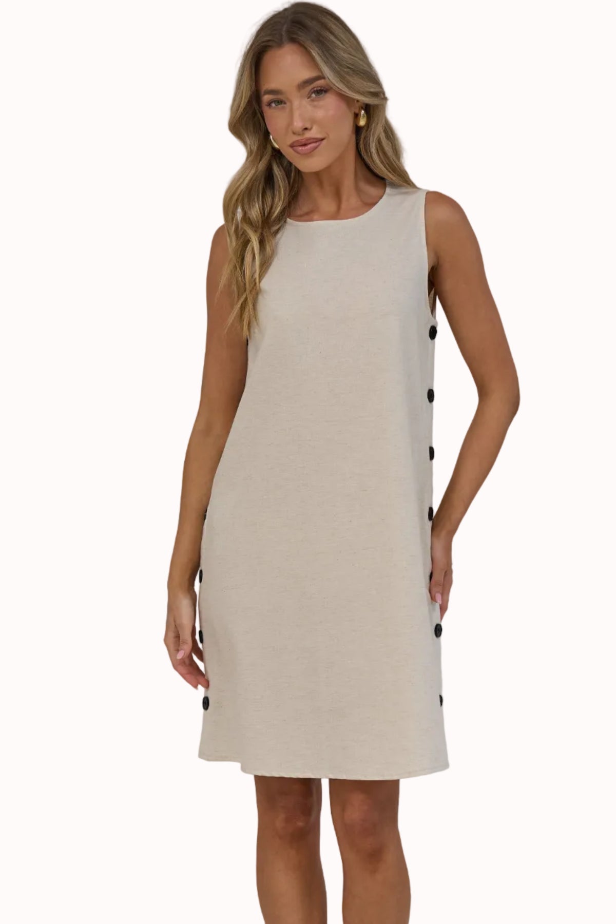 Bonny Mini Dress - Sleeveless Shift Dress with Large Button Detailed Side Seams in Beige