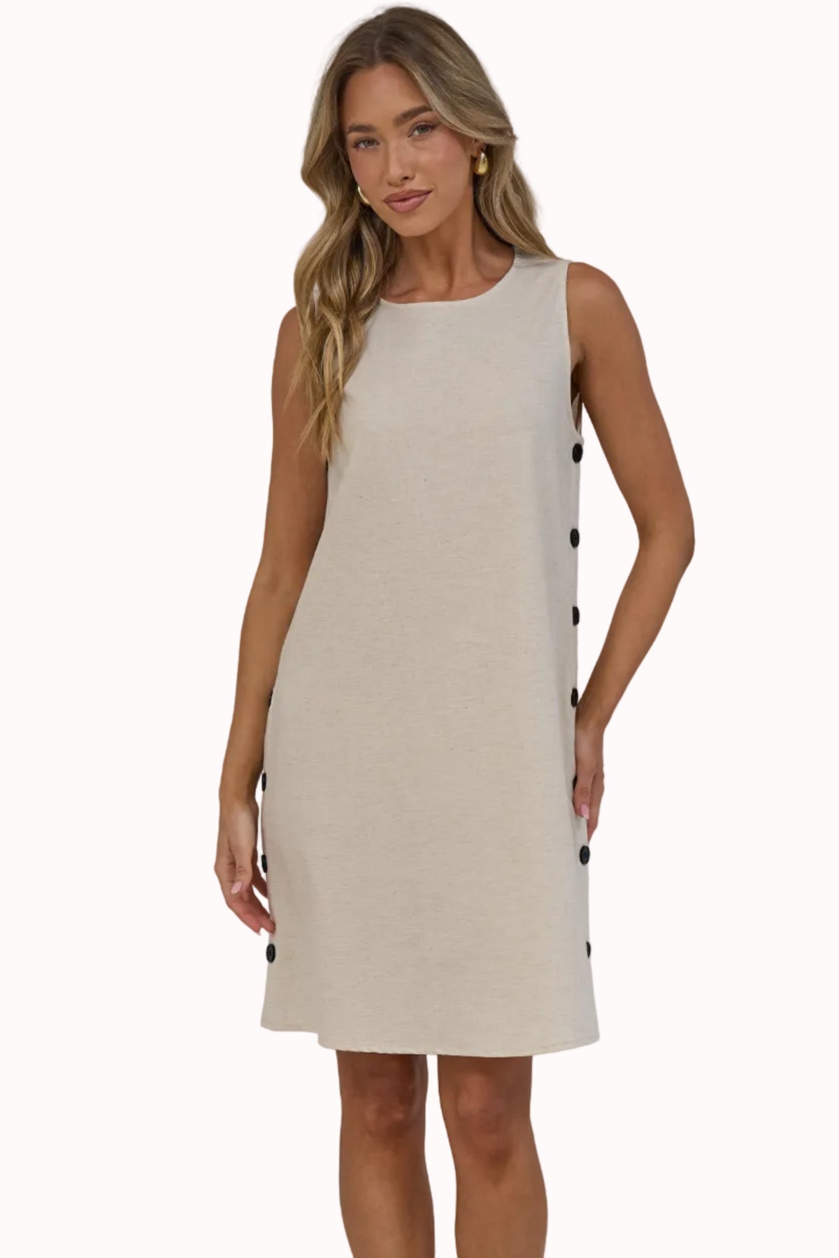 Bonny Mini Dress - Sleeveless Shift Dress with Large Button Detailed Side Seams in Beige