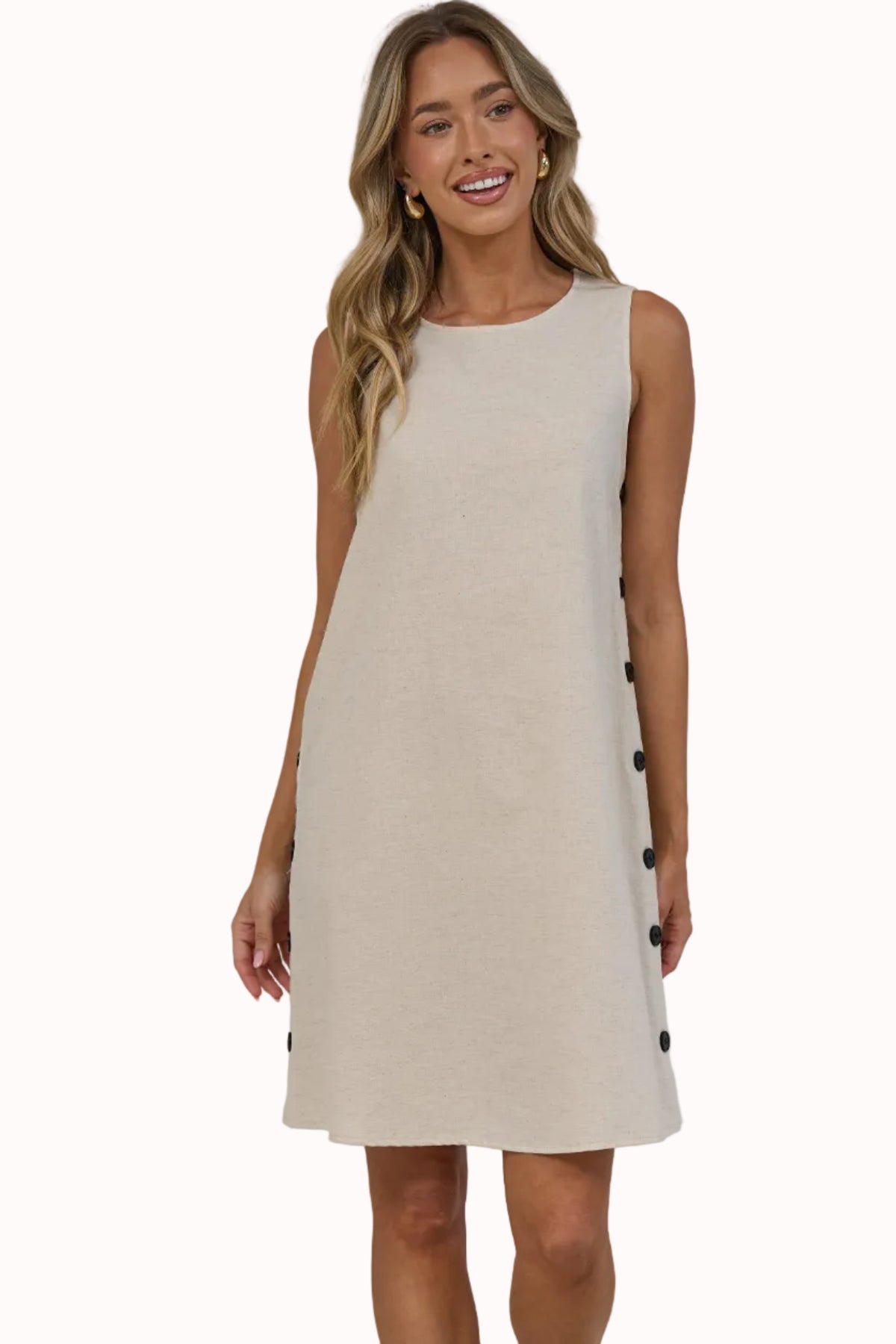 Bonny Mini Dress - Sleeveless Shift Dress with Large Button Detailed Side Seams in Beige