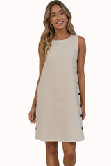 Bonny Mini Dress - Sleeveless Shift Dress with Large Button Detailed Side Seams in Beige