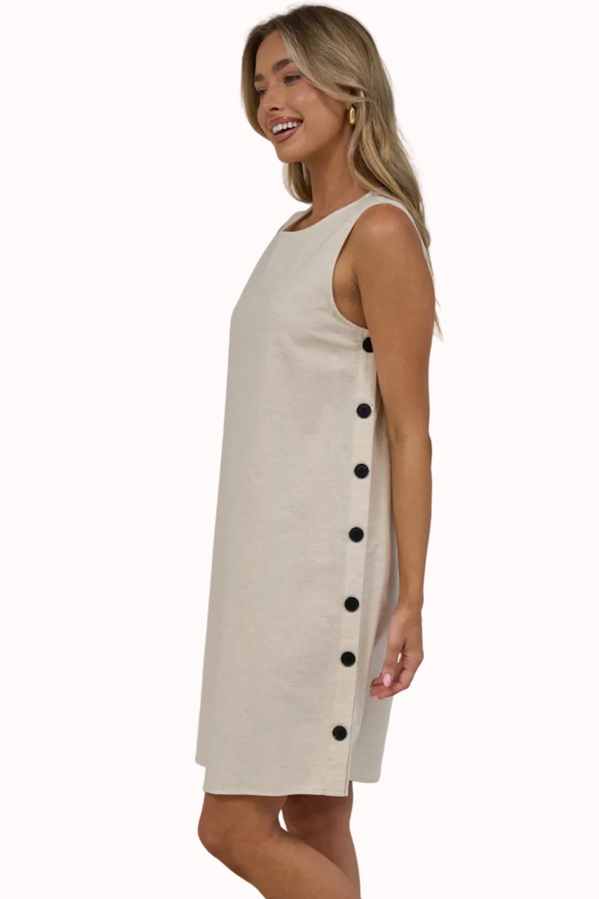 Bonny Mini Dress - Sleeveless Shift Dress with Large Button Detailed Side Seams in Beige