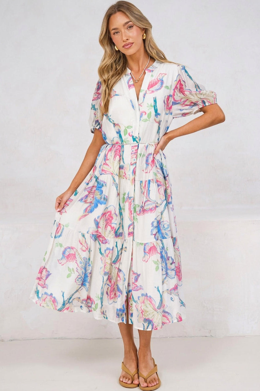 Andrea Midi Dress - Tiered Mandarin Collar Shirt Dress with Belt in Lazuli Print
