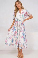 Andrea Midi Dress - Tiered Mandarin Collar Shirt Dress with Belt in Lazuli Print