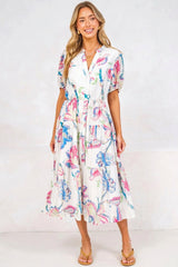 Andrea Midi Dress - Tiered Mandarin Collar Shirt Dress with Belt in Lazuli Print