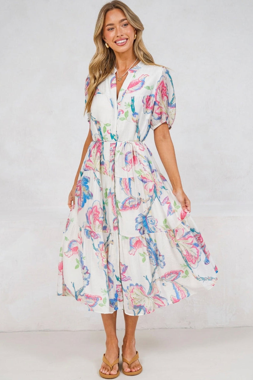 Andrea Midi Dress - Tiered Mandarin Collar Shirt Dress with Belt in Lazuli Print