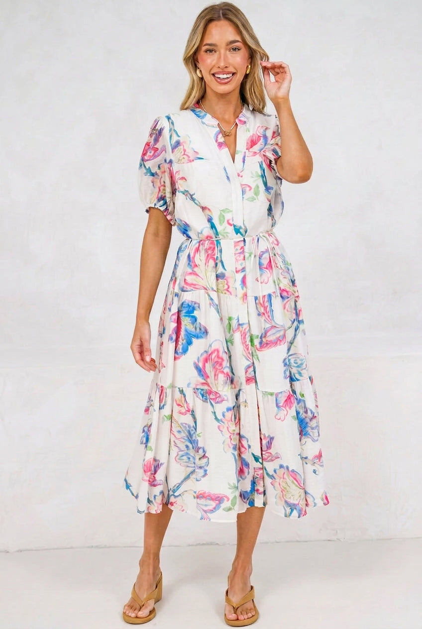 Andrea Midi Dress - Tiered Mandarin Collar Shirt Dress with Belt in Lazuli Print