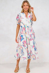 Andrea Midi Dress - Tiered Mandarin Collar Shirt Dress with Belt in Lazuli Print