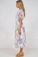 Andrea Midi Dress - Tiered Mandarin Collar Shirt Dress with Belt in Lazuli Print