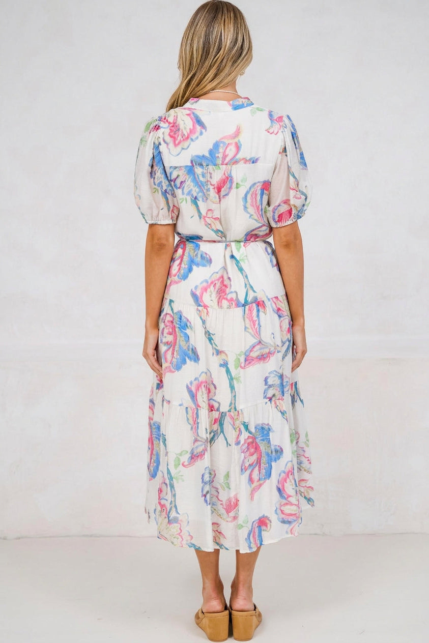 Andrea Midi Dress - Tiered Mandarin Collar Shirt Dress with Belt in Lazuli Print