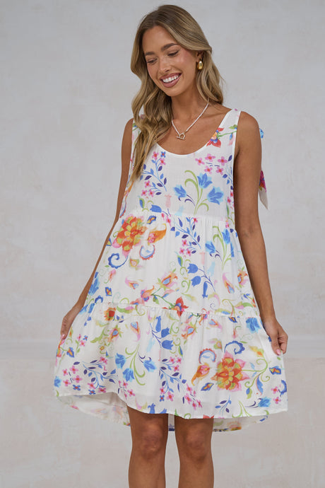 Byetta Mini Dress - Tie Shoulder Strap Sun Dress with Pockets in Rubie Print