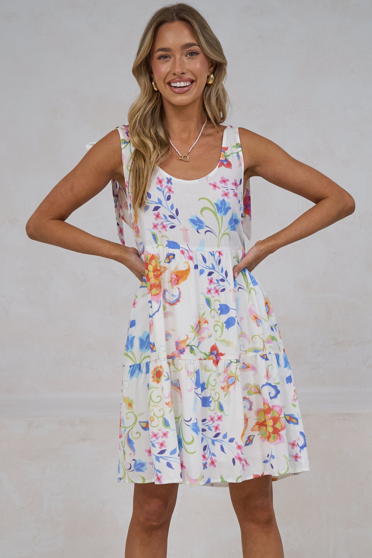 Byetta Mini Dress - Tie Shoulder Strap Sun Dress with Pockets in Rubie Print