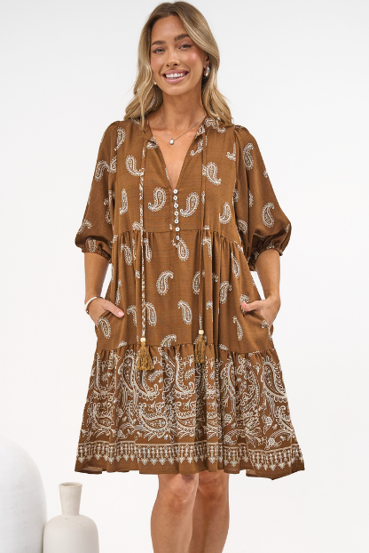 Mirtes Mini Dress - Mandarin Collar Short Sleeve with Tie Smock Dress in Cleo Print Brown
