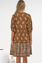 Mirtes Mini Dress - Mandarin Collar Short Sleeve with Tie Smock Dress in Cleo Print Brown