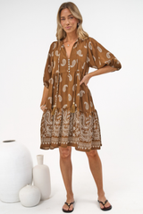 Mirtes Mini Dress - Mandarin Collar Short Sleeve with Tie Smock Dress in Cleo Print Brown