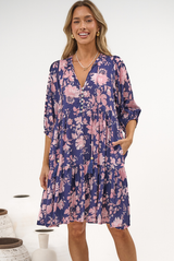 Marah Mini Dress - Mandarin Collar Short Sleeve with Tie Smock Dress in Hollis Print Navy